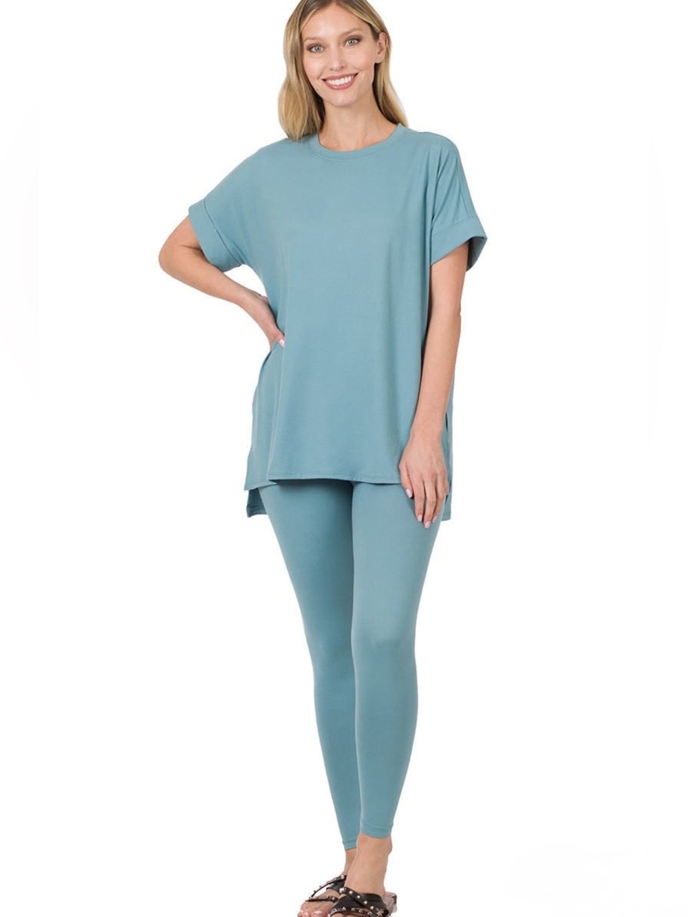 Zenana Buttery Soft Short Sleeve Top and Pants Loungewear Set NWOT SM Blue Grey